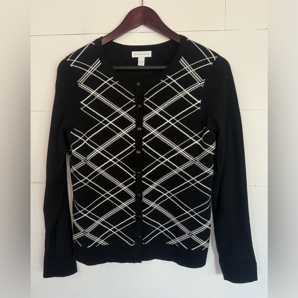 Charter Club Black and White Plaid Cardigan with Sequins